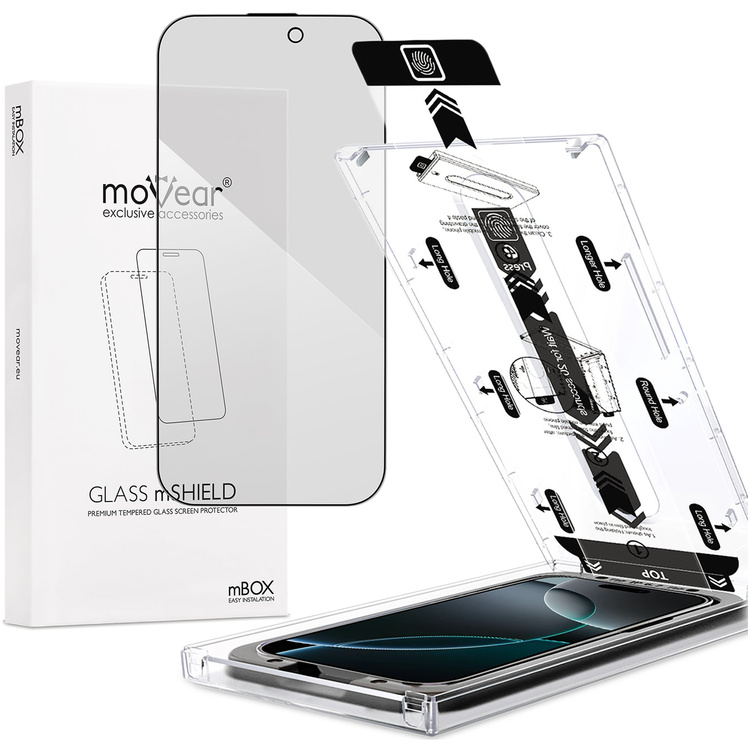 moVear mBOX GLASS mSHIELD 2.5D MAX privacy for Apple iPhone 17 Pro Max / 16 Pro Max (6.9") (Anti spy, with Applicator)