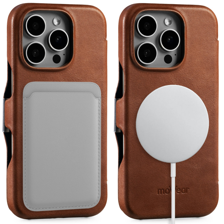 moVear flipSide 4C Leder Handyhülle für Apple iPhone 16 Pro (6.3") | Naturgeöltes Leder (Dunkelbraun)