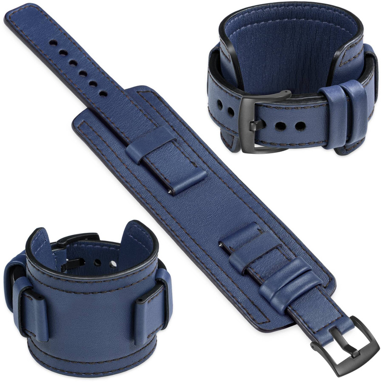 moVear Prestige CW1 26mm Breites Lederarmband mit Polster | Navy blau, Navy blau Nähte [Größen XS-XXL und Schnalle zur Auswahl]