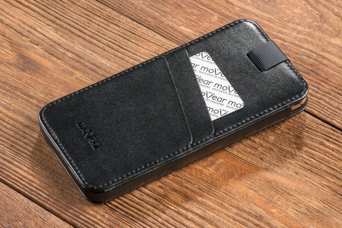 moVear pocketCase C+ Slide in leather Bag Pouch for Smartfon rozmiar S (ok 141 x 68 x 8mm) | Smooth leather (Black)