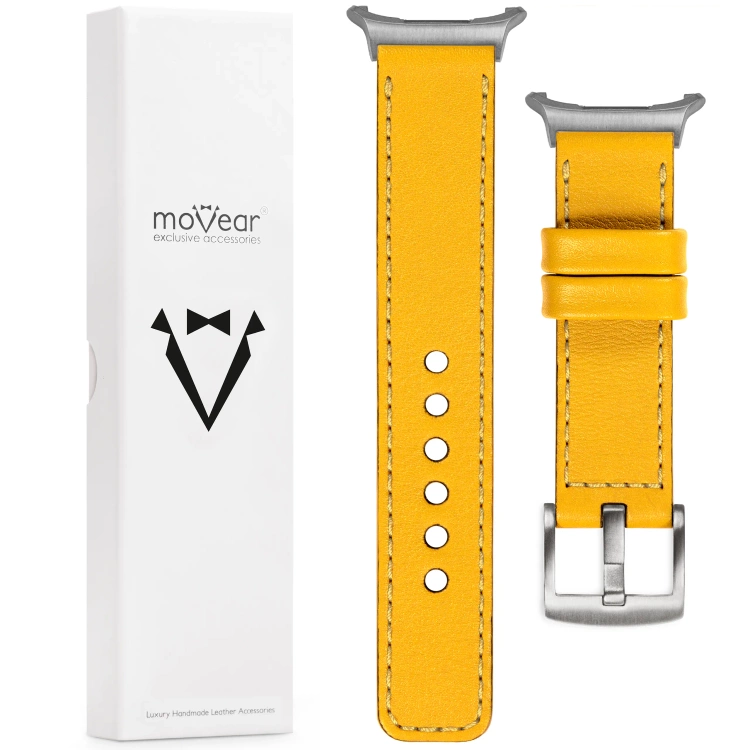 moVear Prestige C1 24mm Gelb Lederarmband für Samsung Galaxy Watch Ultra | Gelb Nähte [Größen XS-XXL und Schnalle zur Auswahl]