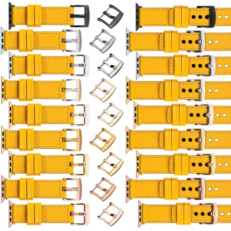 moVear Prestige C1 20mm Gelb Lederarmband für Apple Watch 10 / 9 / 8 / 7 / 6 / 5 / 4 / SE (42/41/40mm) | Gelb Nähte [Größen XS-XXL und Schnalle zur Auswahl]
