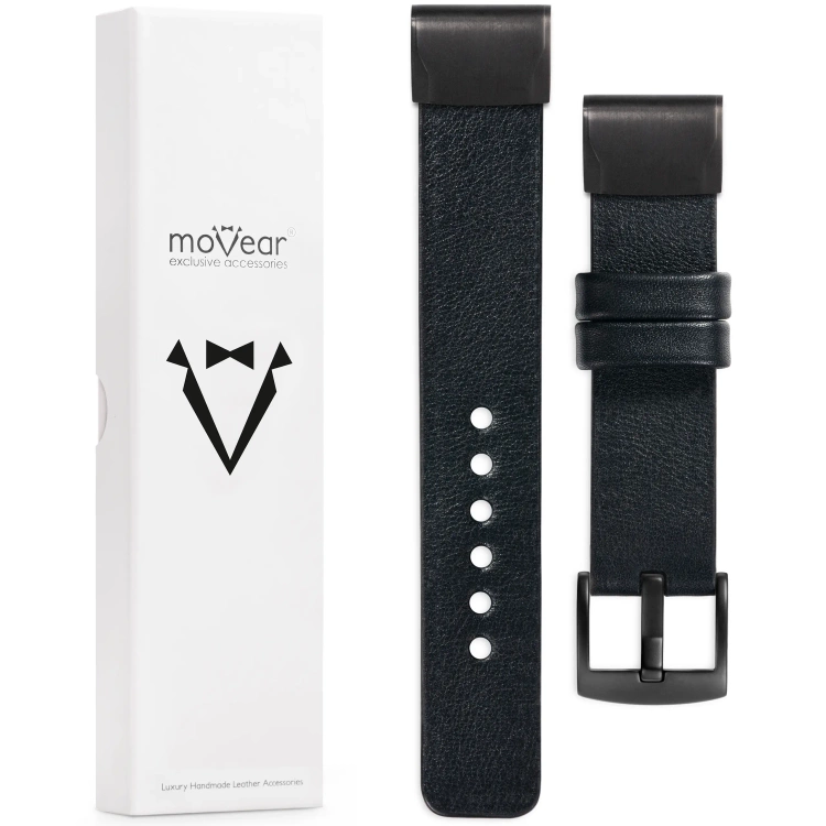 moVear Prestige S1 Lederarmband für Garmin QuickFit 22mm (Fenix / Forerunner / Epix / Instinct / Enduro / Quatix / MARQ - 47/45mm) Schwarz [Schließe nach Wahl]