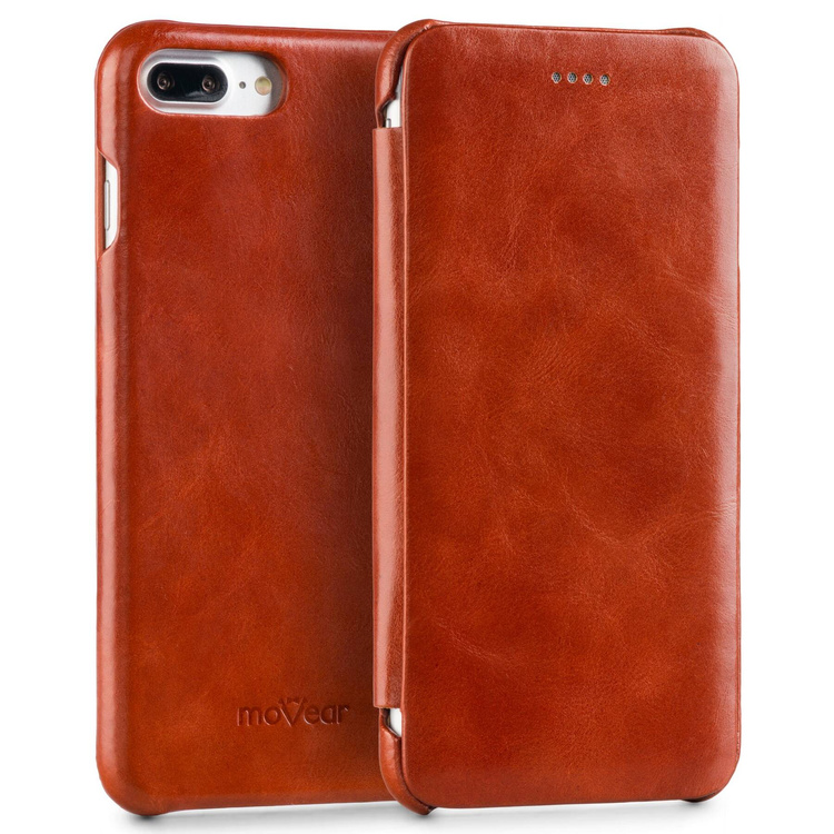moVear flipSide S Ledertasche für Apple iPhone 8 Plus / 7 Plus (5.5") | Glatte Leder, Handy Hülle book type (Braun)