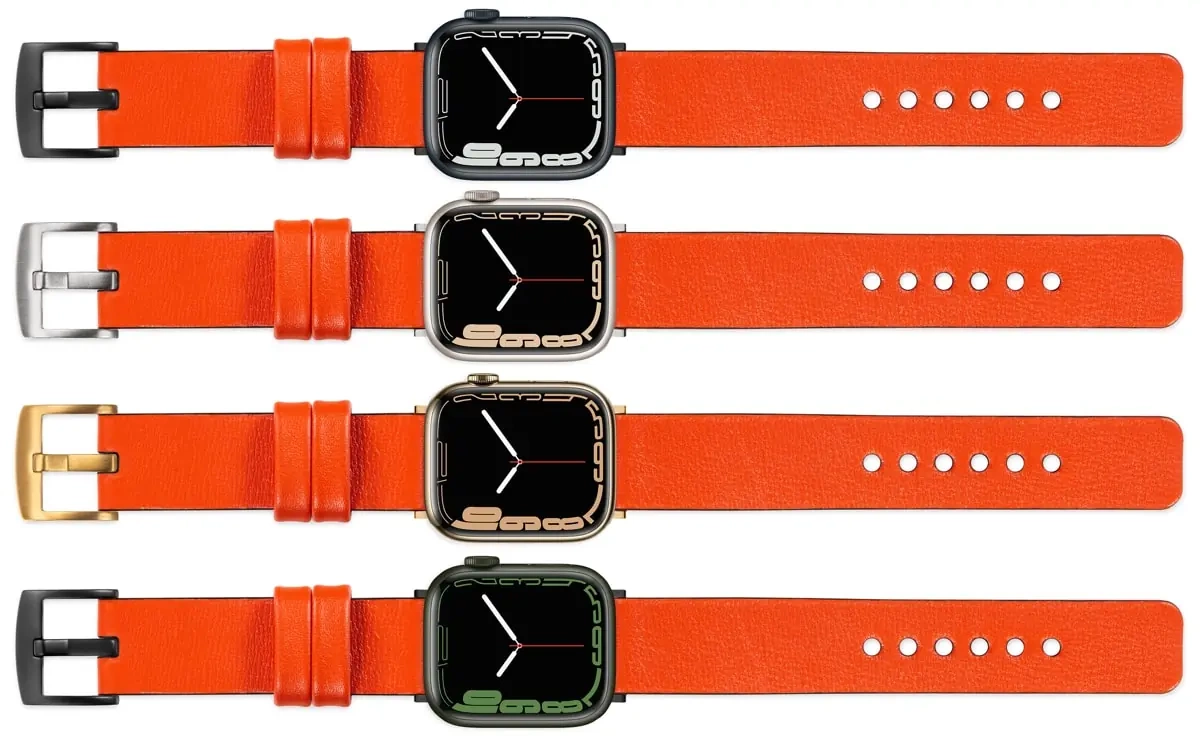 moVear Prestige S1 20mm Lederarmband für Apple Watch 10 / 9 / 8 / 7 / 6 / 5 / 4 / SE (42/41/40mm) Orange [Adapter und Schnalle zur Auswahl]