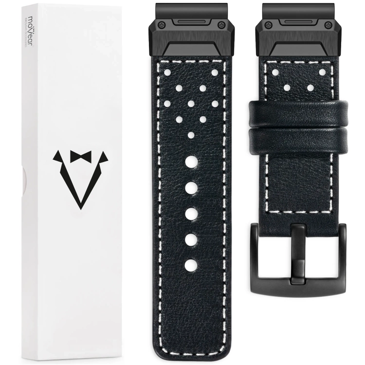 moVear Prestige R3X Leather strap for Garmin QuickFit 26mm (Fenix / Epix / Quatix / Tactix / Enduro - 51mm) Black, Black stitching [sizes XS-XXL and buckle to choose from]