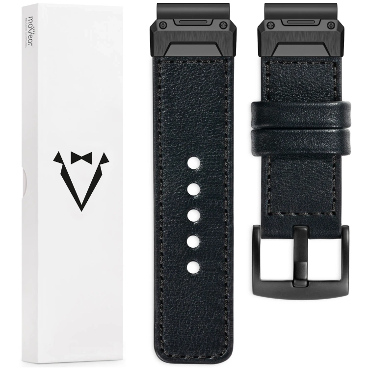 moVear Prestige C3X Leather strap for Garmin QuickFit 26mm (Fenix / Epix / Quatix / Tactix / Enduro - 51mm) Black, Black stitching [sizes XS-XXL and buckle to choose from]