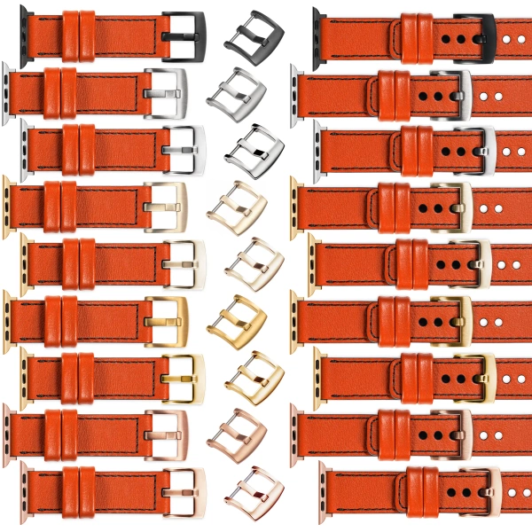 moVear Prestige C1 20mm Orange Lederarmband für Apple Watch 10 / 9 / 8 / 7 / 6 / 5 / 4 / SE (46/45/44mm) & Ultra (49mm) | Orange Nähte [Größen XS-XXL und Schnalle zur Auswahl]