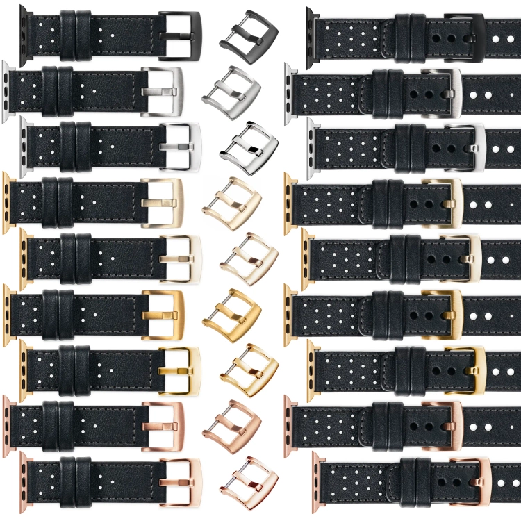 moVear Prestige R2 20mm Schwarz Lederarmband für Apple Watch 10 / 9 / 8 / 7 / 6 / 5 / 4 / SE (42/41/40mm) | Schwarz Nähte [Größen XS-XXL und Schnalle zur Auswahl]