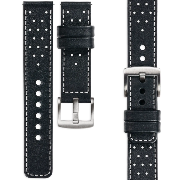 moVear Prestige R2 20mm Schwarz Lederarmband für Garmin Vivoactive 5/3, Vivomove 3, Venu 2 | Schwarz Nähte [Größen XS-XXL und Schnalle zur Auswahl]