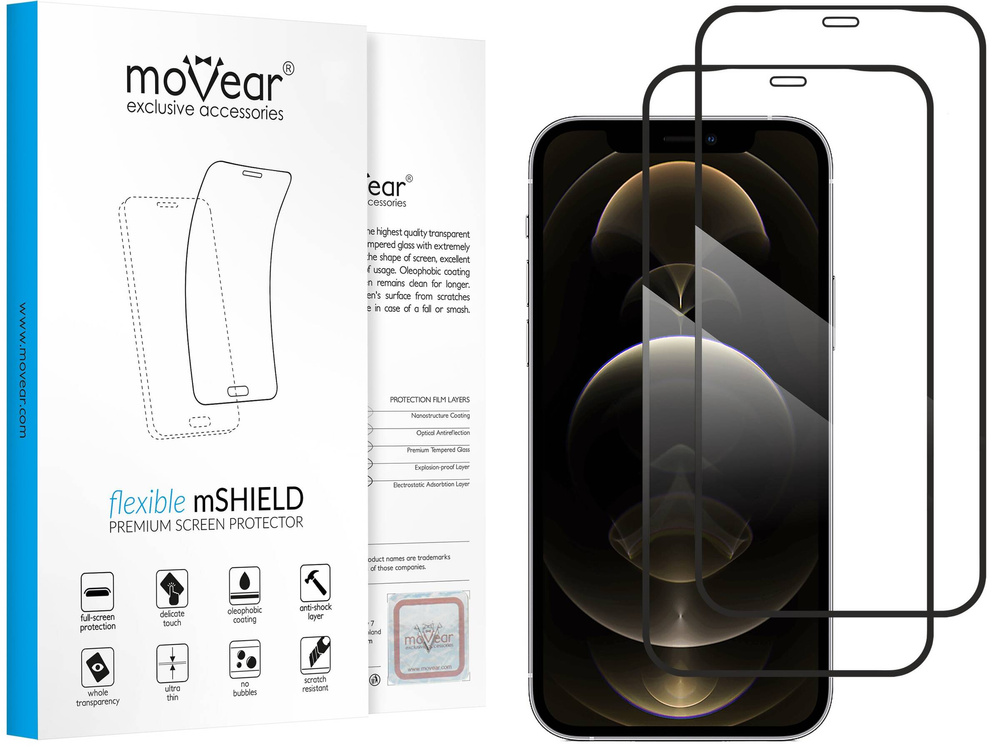2 pcs. | moVear flexible mSHIELD 2D for Apple iPhone 12 Pro Max (6.7"). Armored hybrid glass.