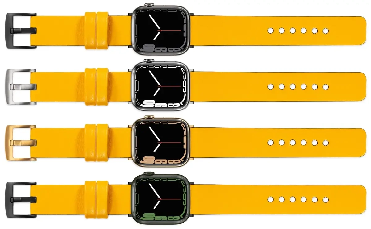moVear Prestige S1 20mm Lederarmband für Apple Watch 10 / 9 / 8 / 7 / 6 / 5 / 4 / SE (42/41/40mm) Gelb [Adapter und Schnalle zur Auswahl]