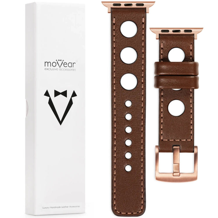 moVear Prestige R1 22mm Dunkelbraun Lederarmband für Apple Watch 10 / 9 / 8 / 7 / 6 / 5 / 4 / SE (46/45/44mm) & Ultra (49mm) | Dunkelbraun Nähte [Größen XS-XXL und Schnalle zur Auswahl]
