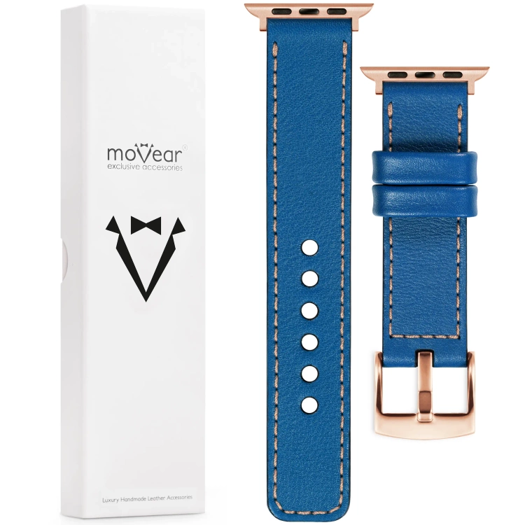 moVear Prestige C1 20mm Blau Lederarmband für Apple Watch 10 / 9 / 8 / 7 / 6 / 5 / 4 / SE (42/41/40mm) | Blau Nähte [Größen XS-XXL und Schnalle zur Auswahl]