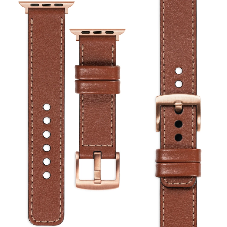 moVear Prestige C1 20mm Braun Lederarmband für Apple Watch 10 / 9 / 8 / 7 / 6 / 5 / 4 / SE (42/41/40mm) | Braun Nähte [Größen XS-XXL und Schnalle zur Auswahl]