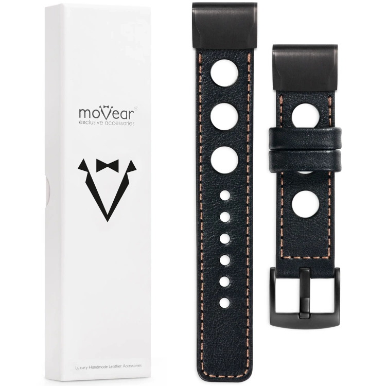 moVear Prestige R1 Lederarmband für Garmin QuickFit 22mm (Fenix / Forerunner / Epix / Instinct / Enduro / Quatix / MARQ - 47/45mm) Schwarz, Schwarz Nähte [Größen XS-XXL und Schnalle zur Auswahl]