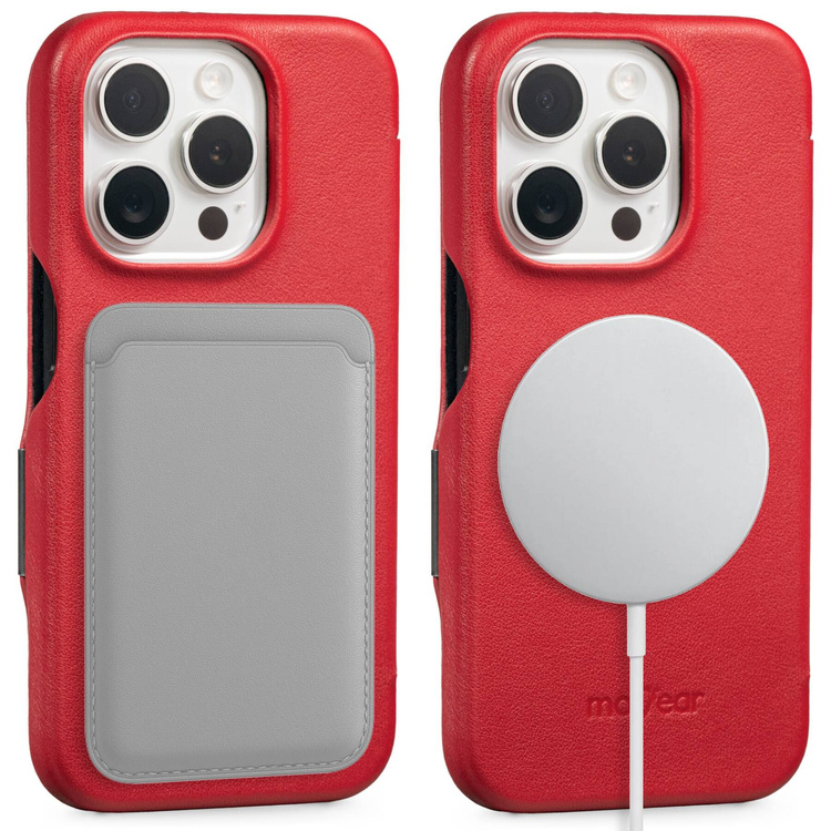 moVear flipSide 4C Leder Handyhülle für Apple iPhone 15 Pro (6.1") | Glattleder (Rot)