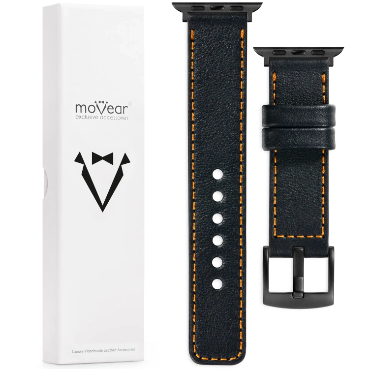 moVear Prestige C1 22mm Schwarz Lederarmband für Apple Watch 10 / 9 / 8 / 7 / 6 / 5 / 4 / SE (42/41/40mm) | Schwarz Nähte [Größen XS-XXL und Schnalle zur Auswahl]