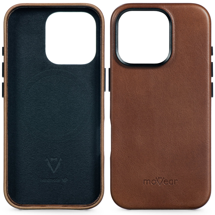 moVear [PRODUCT_MODEL] Lederrückseite für Apple iPhone 16 Pro (6.3") | MagSafe kompatibel, Naturgeöltes Leder (Dunkelbraun)