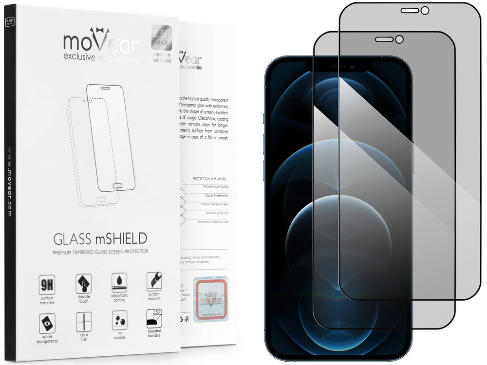 2 Stk. | moVear GLASS mSHIELD 2.5D MAX privacy für Apple iPhone 12 Pro Max (6.7") | (Privatisierung, Handyhülle freundlich)