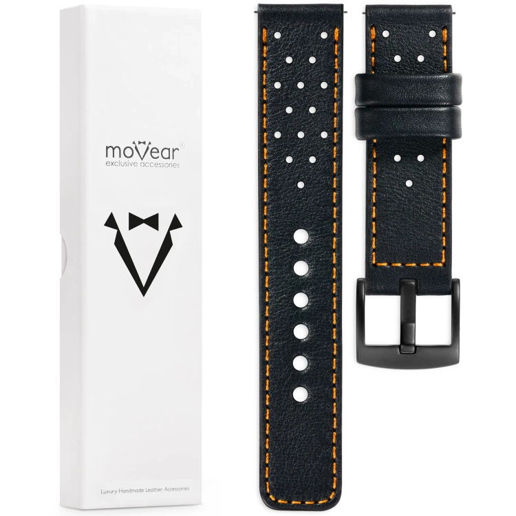moVear Prestige R2 18mm Uhrenarmband aus Leder | Schwarz, Schwarz Nähte [Größen XS-XXL und Schnalle zur Auswahl]