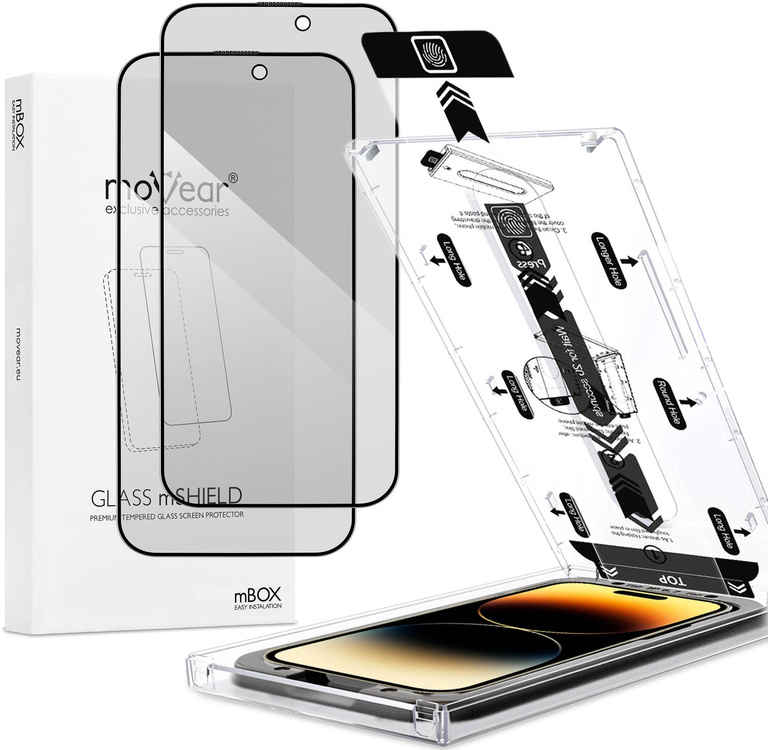 2 pcs. | moVear mBOX GLASS mSHIELD 2.5D MAX privacy for Apple iPhone 14 Pro (6.1") (Anti spy, with Applicator)