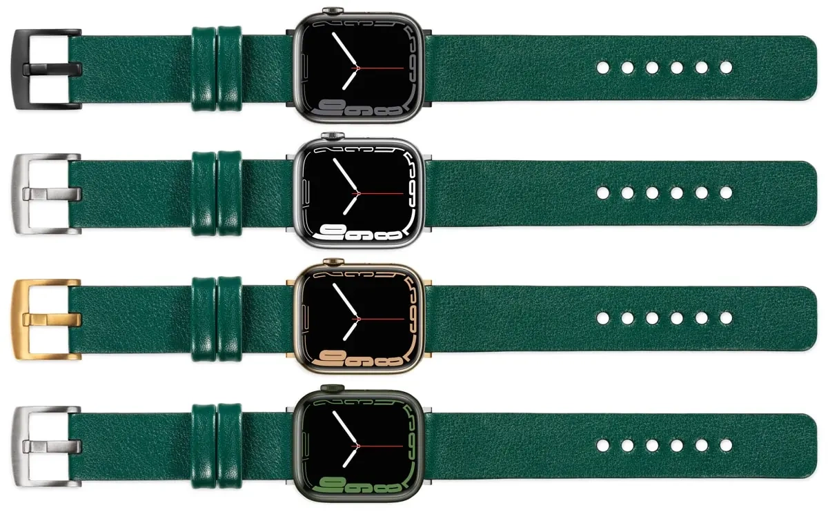 moVear Prestige S1 22mm Lederarmband für Apple Watch 10 / 9 / 8 / 7 / 6 / 5 / 4 / SE (42/41/40mm) Flaschengrün [Adapter und Schnalle zur Auswahl]
