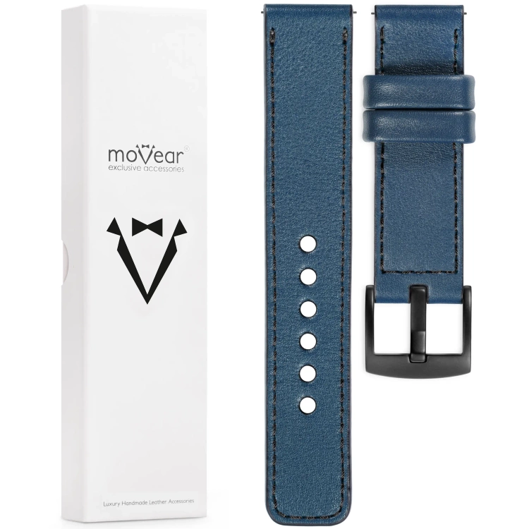 moVear Prestige C1 20mm Blaue Jeans Lederarmband für Samsung Galaxy Watch 7 / 6 / 5 / 4 / 3 & Pro / FE / Classic / Active | Blaue Jeans Nähte [Größen XS-XXL und Schnalle zur Auswahl]