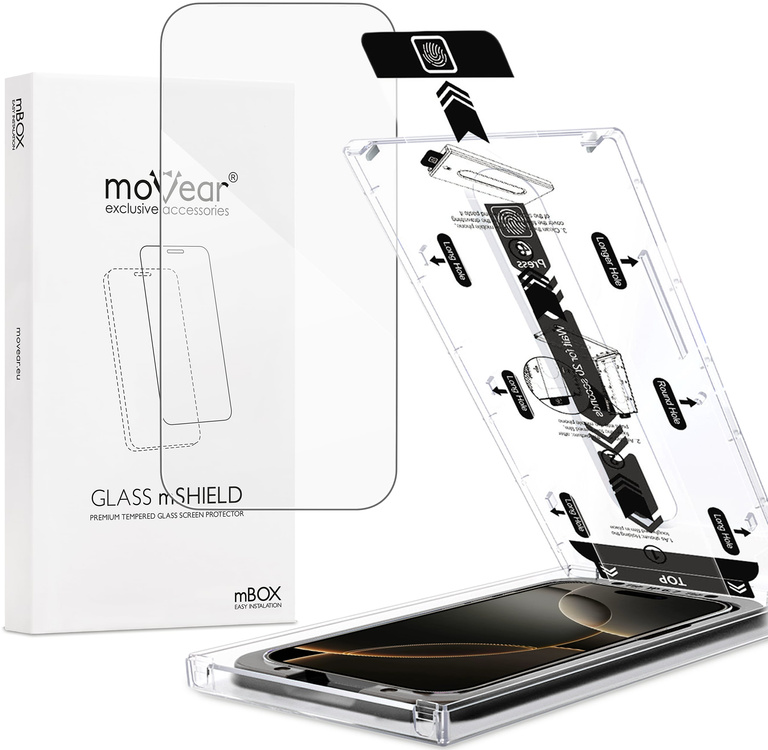 moVear mBOX GLASS mSHIELD 2.5D for Apple iPhone 17 Pro / 17 / 16 Pro (6.3") (easy installation)