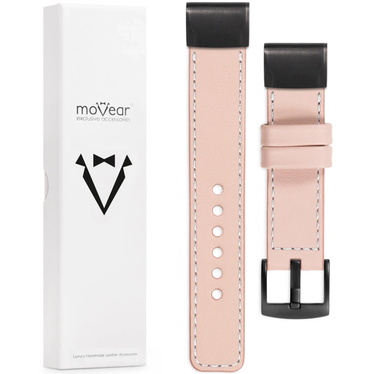 moVear Prestige C1 Lederarmband für Garmin QuickFit 22mm (Fenix / Forerunner / Epix / Instinct / Enduro / Quatix / MARQ - 47/45mm) Fleisch rosa, Fleisch rosa Nähte [Größen XS-XXL und Schnalle zur Auswahl]