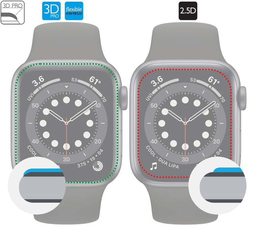 moVear flexible mSHIELD 3D PRO for Apple Watch 3/2/1 (38mm) (1.5"). Armored hybrid glass.