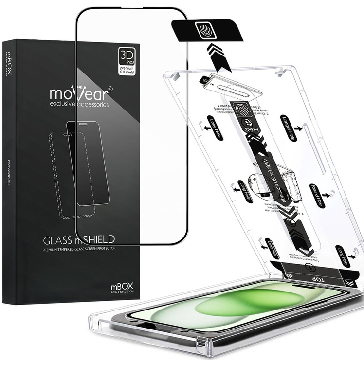 moVear mBOX GLASS mSHIELD 3D PRO for Apple iPhone 16 Plus / 15 Plus (6.7") (easy installation)