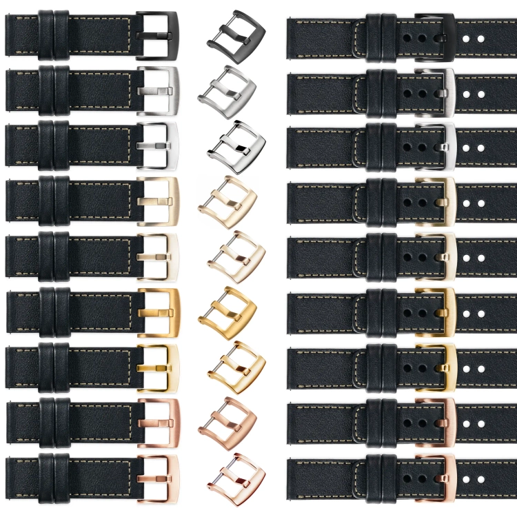 moVear Prestige C1 24mm Uhrenarmband aus Leder | Schwarz, Schwarz Nähte [Größen XS-XXL und Schnalle zur Auswahl]