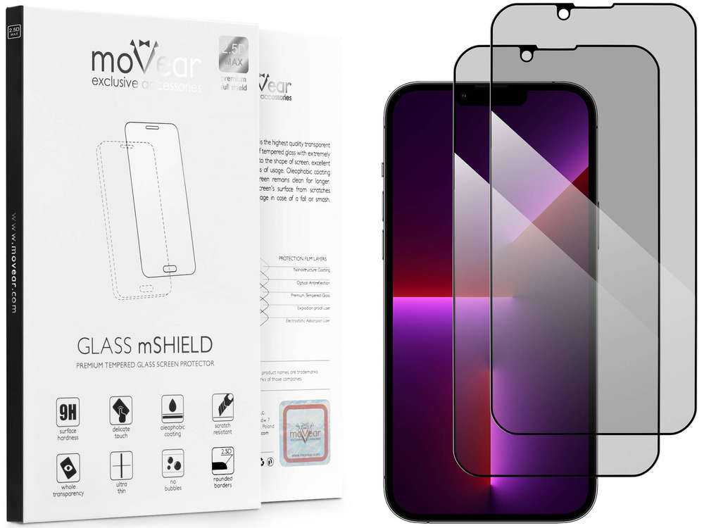 2 pcs. | moVear GLASS mSHIELD 2.5D MAX privacy for Apple iPhone 14 Plus / 13 Pro Max [ROZMIAR_EKRAN] | (Privatizing, case friendly)