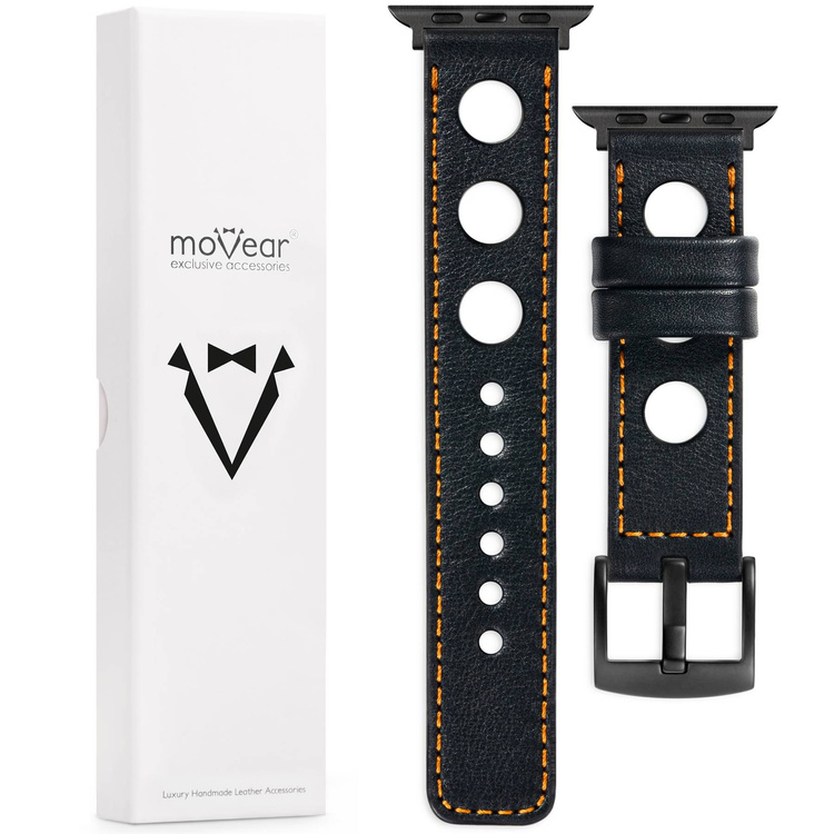 moVear Prestige R1 20mm Black Leather strap for Apple Watch 8 / 7 / 6 / 5 / 4 / SE (45/44mm) & Ultra (49mm) | Black stitching [size and buckle to choose from]