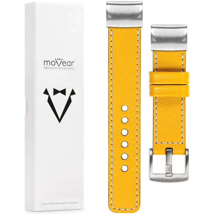 moVear Prestige C1 Leather strap for Garmin QuickFit 26mm (Fenix / Epix / Quatix / Tactix / Enduro - 51mm) Yellow, Yellow stitching [sizes XS-XXL and buckle to choose from]