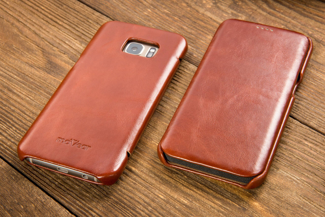moVear flipSide S Ledertasche für Samsung Galaxy S7 edge (5.5") | Glatte Leder, Handy Hülle book type (Braun)