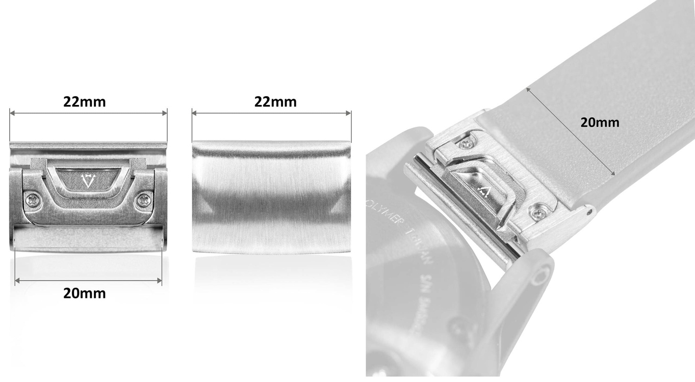 moVear | 20mm watch strap adapter for Garmin QuickFit 22mm Fenix / Forerunner / Epix / Instinct / Enduro / Quatix / MARQ - 47/45mm | Silver, Stainless steel