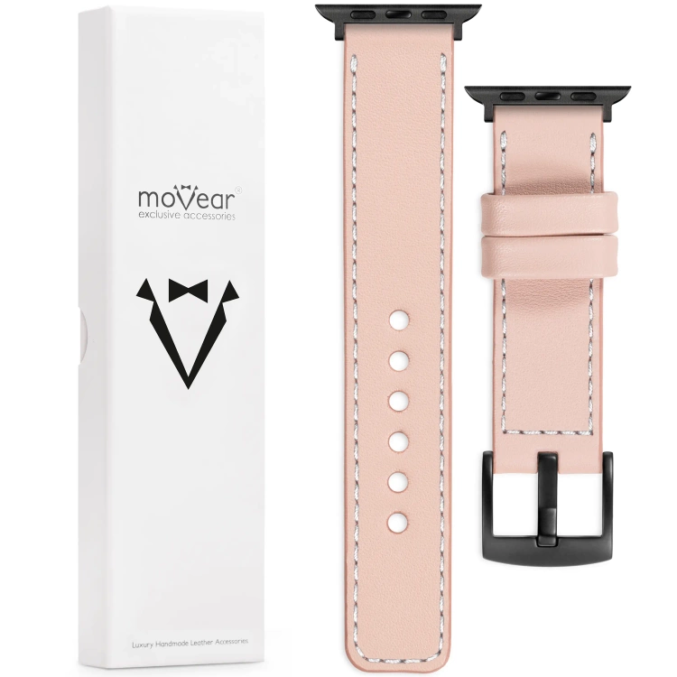 moVear Prestige C1 22mm Fleisch rosa Lederarmband für Apple Watch 10 / 9 / 8 / 7 / 6 / 5 / 4 / SE (42/41/40mm) | Fleisch rosa Nähte [Größen XS-XXL und Schnalle zur Auswahl]