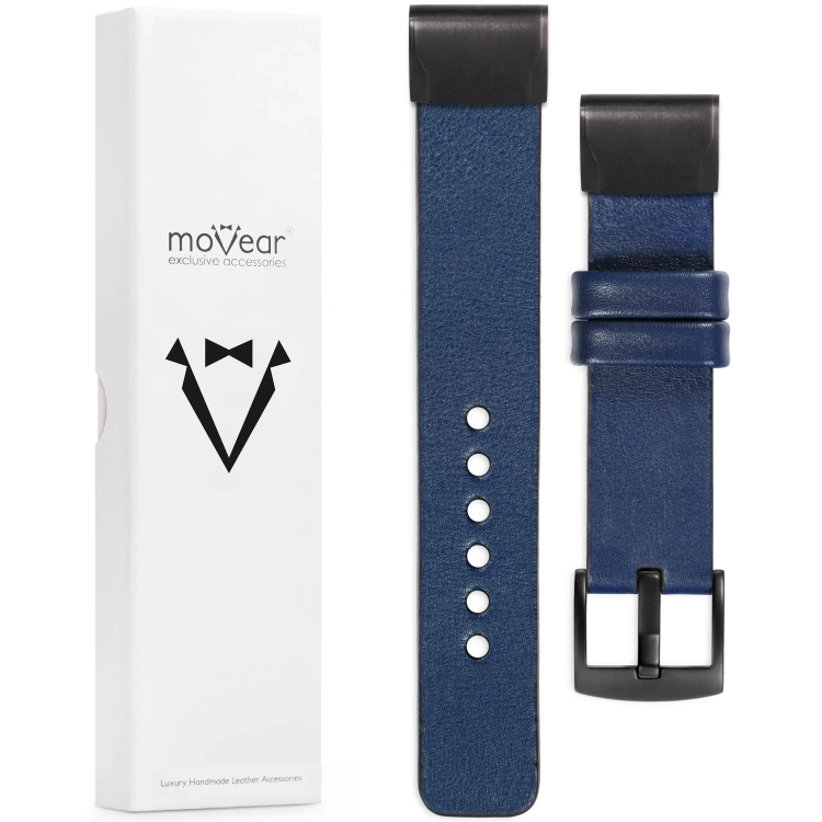 moVear Prestige S1 Lederarmband für Garmin QuickFit 22mm (Fenix / Forerunner / Epix / Instinct / Enduro / Quatix / MARQ - 47/45mm) Navy blau [Schließe nach Wahl]