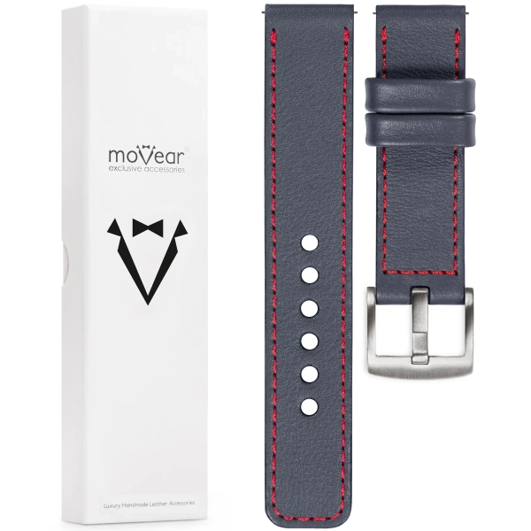 moVear Prestige C1 20mm Uhrenarmband aus Leder | Stahlgrau, Stahlgrau Nähte [Größen XS-XXL und Schnalle zur Auswahl]