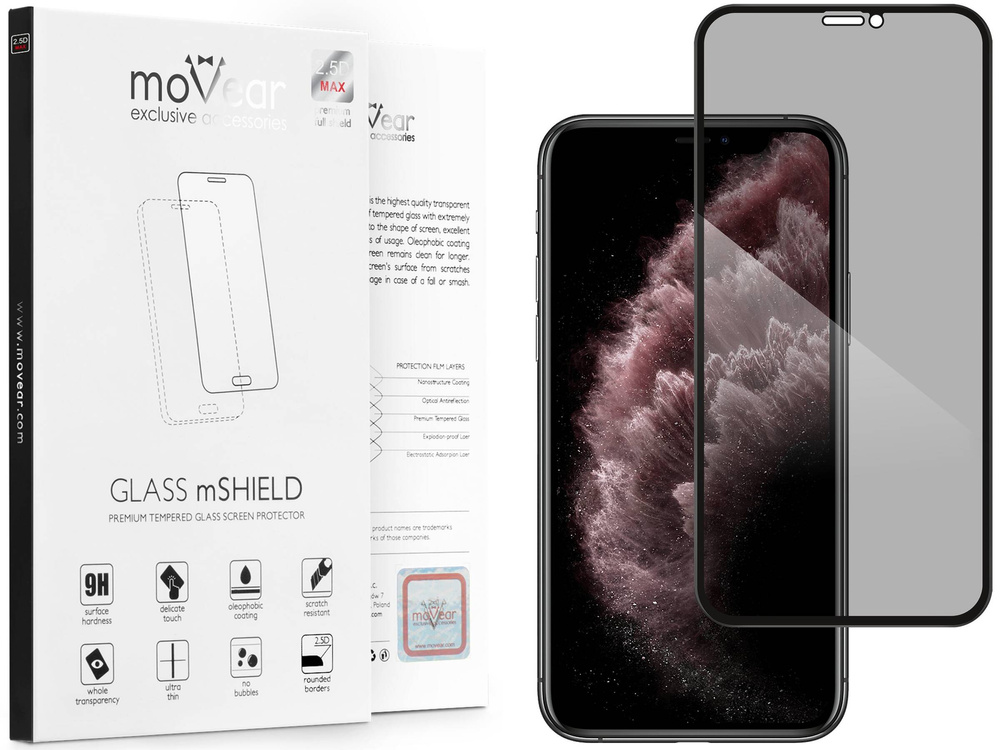 moVear GLASS mSHIELD 2.5D MAX privacy für Apple iPhone 11 Pro Max / Xs Max (6.5") | (Privatisierung, Handyhülle freundlich)