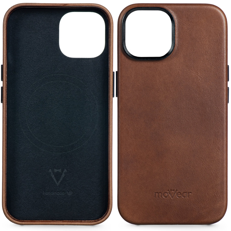 moVear [PRODUCT_MODEL] Leather back cover for Apple iPhone 15 (6,1") | MagSafe compatible, Natural oiled leather (Dark brown)