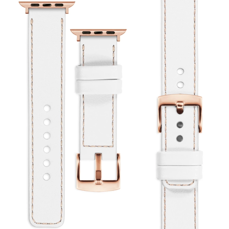 moVear Prestige C1 20mm Weiß Lederarmband für Apple Watch 10 / 9 / 8 / 7 / 6 / 5 / 4 / SE (42/41/40mm) | Weiß Nähte [Größen XS-XXL und Schnalle zur Auswahl]