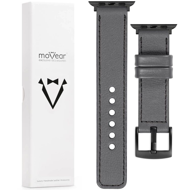 moVear Prestige C1 22mm Gray Leather strap for Apple Watch 10 / 9 / 8 / 7 / 6 / 5 / 4 / SE (46/45/44mm) & Ultra (49mm) | Gray stitching [sizes XS-XXL and buckle to choose from]