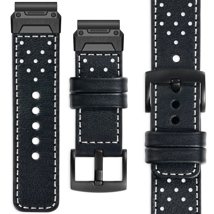 moVear Prestige R3X Leather strap for Garmin QuickFit 22mm (Fenix / Forerunner / Epix / Instinct / Enduro / Quatix / MARQ - 47/45mm) Black, Black stitching [sizes XS-XXL and buckle to choose from]
