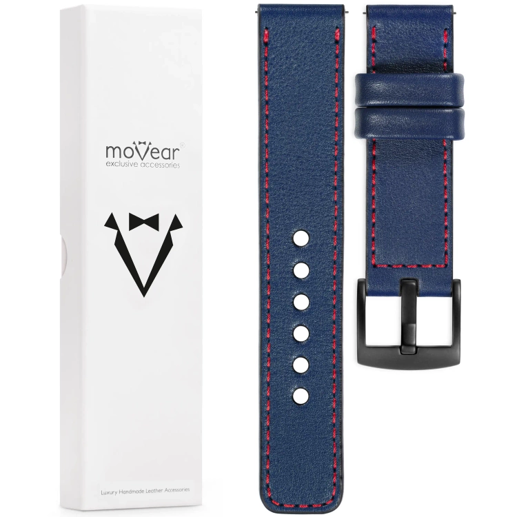 moVear Prestige C1 22mm Navy blue Leather strap for Garmin Vivoactive 4, Venu 3/2 | Navy blue stitching [sizes XS-XXL and buckle to choose from]