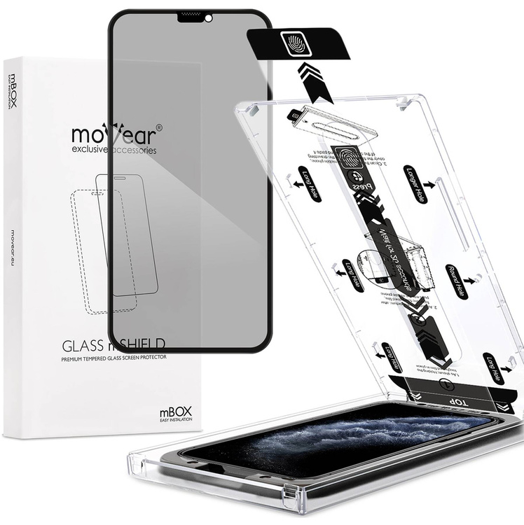 moVear mBOX GLASS mSHIELD 2.5D MAX privacy für Apple iPhone 11 Pro / Xs / X (5.8") (Anti-Spionage, mit Applikator)
