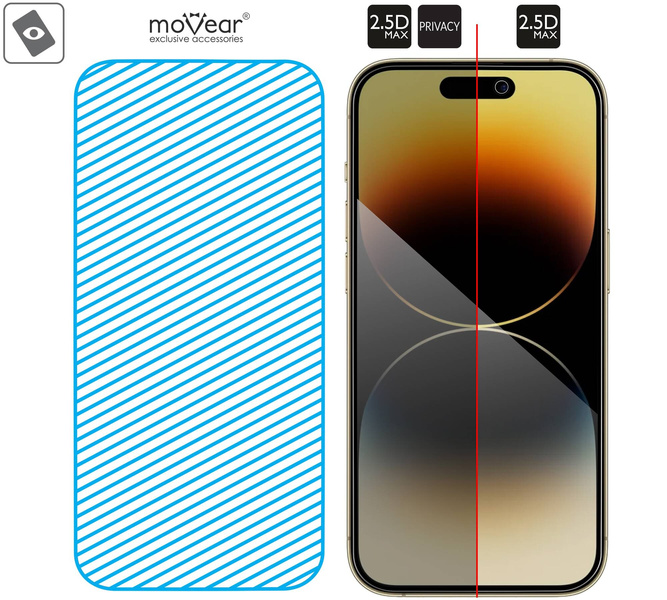 moVear GLASS mSHIELD 2.5D MAX privacy für Apple iPhone 14 Pro (6.1") | (Privatisierung, Handyhülle freundlich)