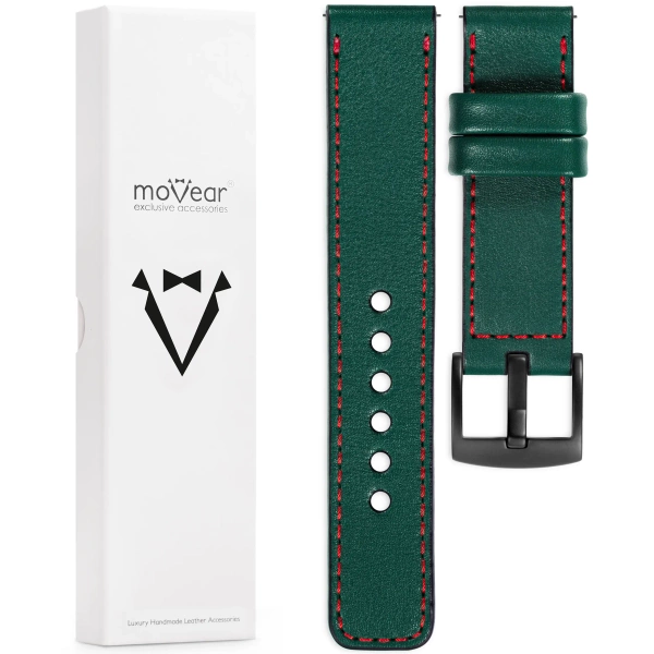 moVear Prestige C1 22mm Bottle green Leather strap for Samsung Galaxy Watch 3 (45mm) / Watch (46mm) / Gear S3 | Bottle green stitching [sizes XS-XXL and buckle to choose from]